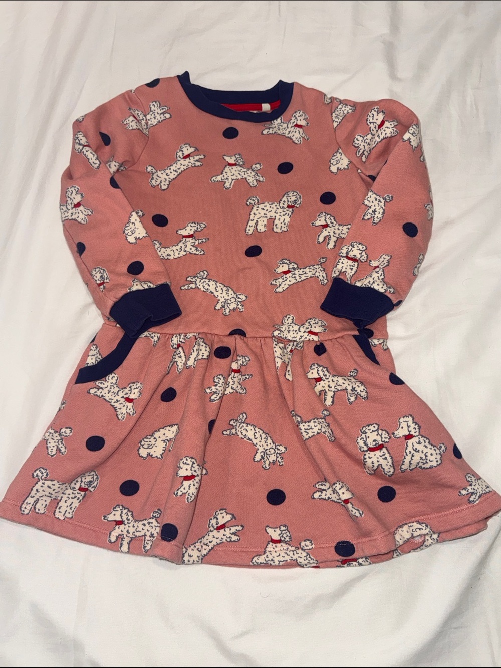 Mini Boden Pink Dalmatian Print Sweater Dress with Navy Accents